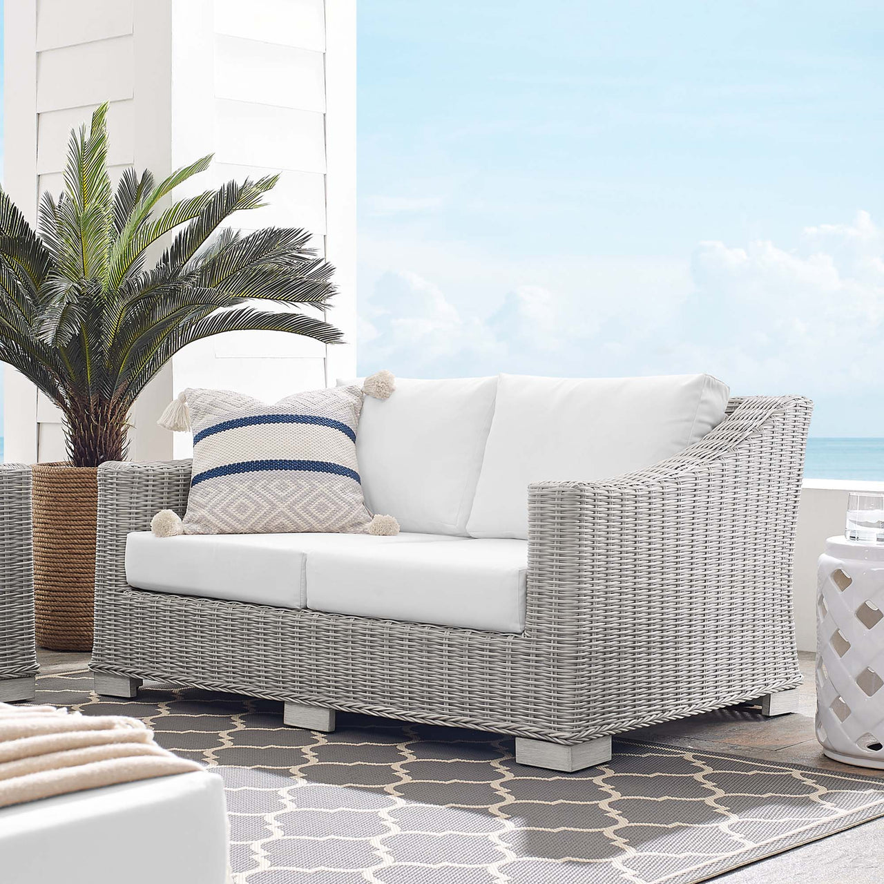 Corvara Sunbrella® Alfresco Woven Loveseat, Light Gray & White