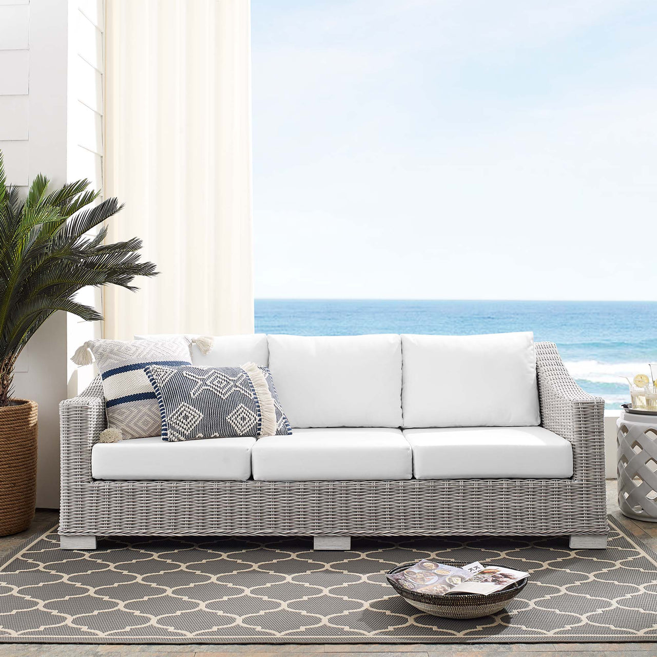 Corvara Sunbrella® Alfresco Woven Sofa, Light Gray & White