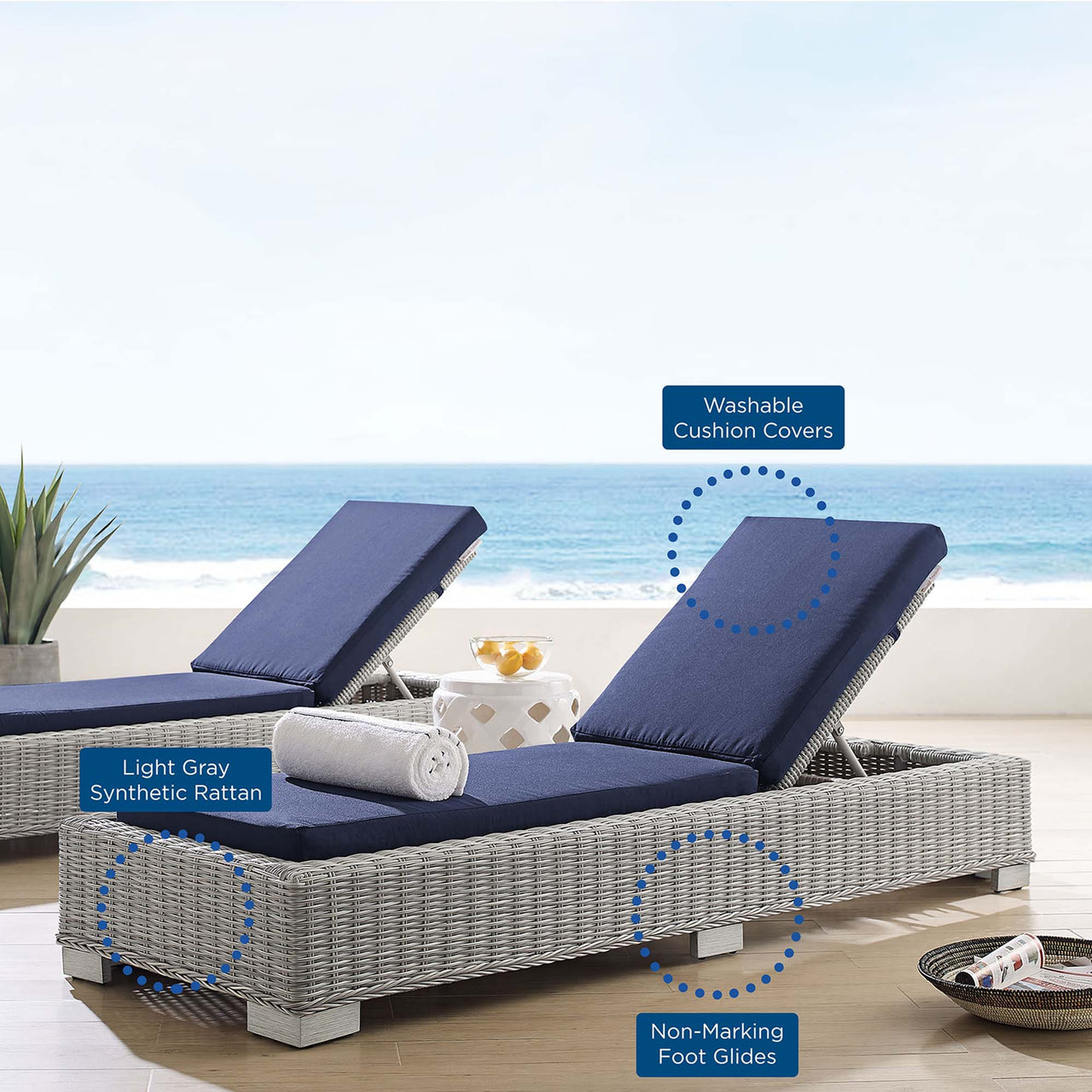 Corvara Sunbrella® Alfresco Woven Chaise Lounge, Light Gray & Navy