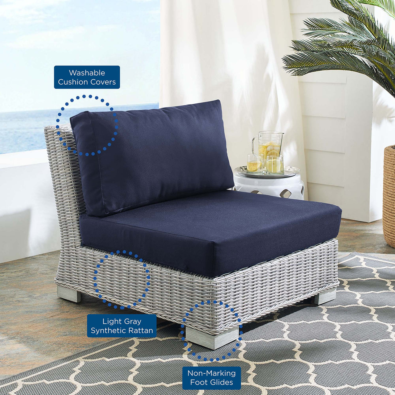 Corvara Sunbrella® Alfresco Woven Armless Chair | Outdoor Modular Sectional Component, Light Gray & Navy