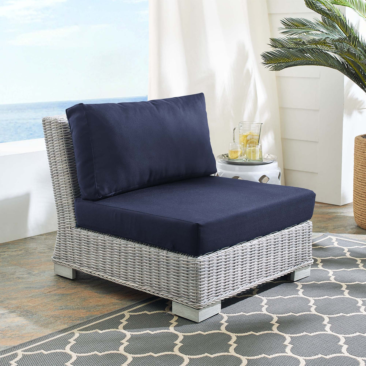 Corvara Sunbrella® Alfresco Woven Armless Chair | Outdoor Modular Sectional Component, Light Gray & Navy