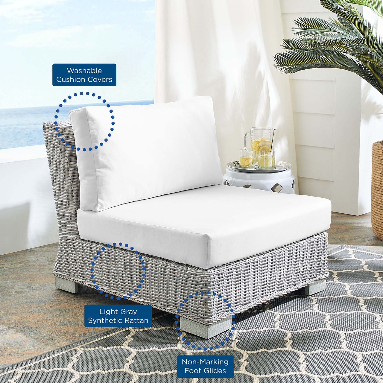 Corvara Sunbrella® Alfresco Woven Armless Chair | Outdoor Modular Sectional Component, Light Gray & White