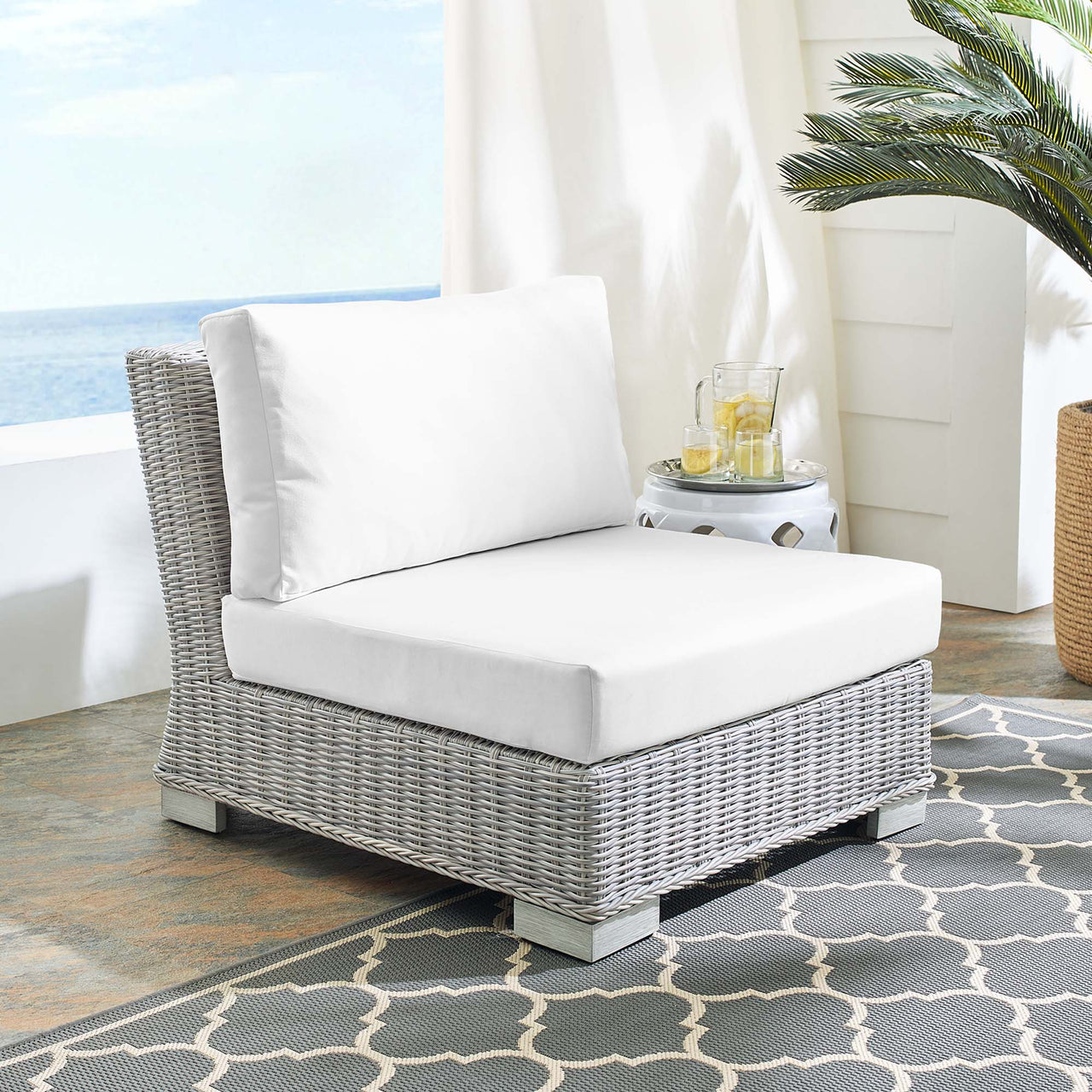 Corvara Sunbrella® Alfresco Woven Armless Chair | Outdoor Modular Sectional Component, Light Gray & White