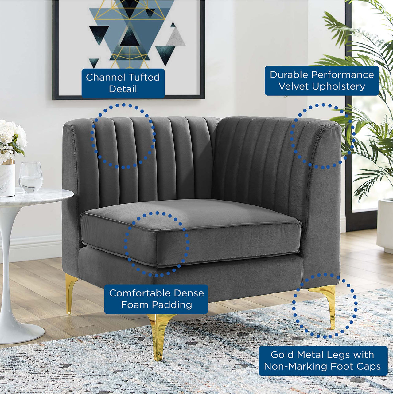 Valmere Upholstered Velvet Corner Chair | Modular Sectional Component, Gray