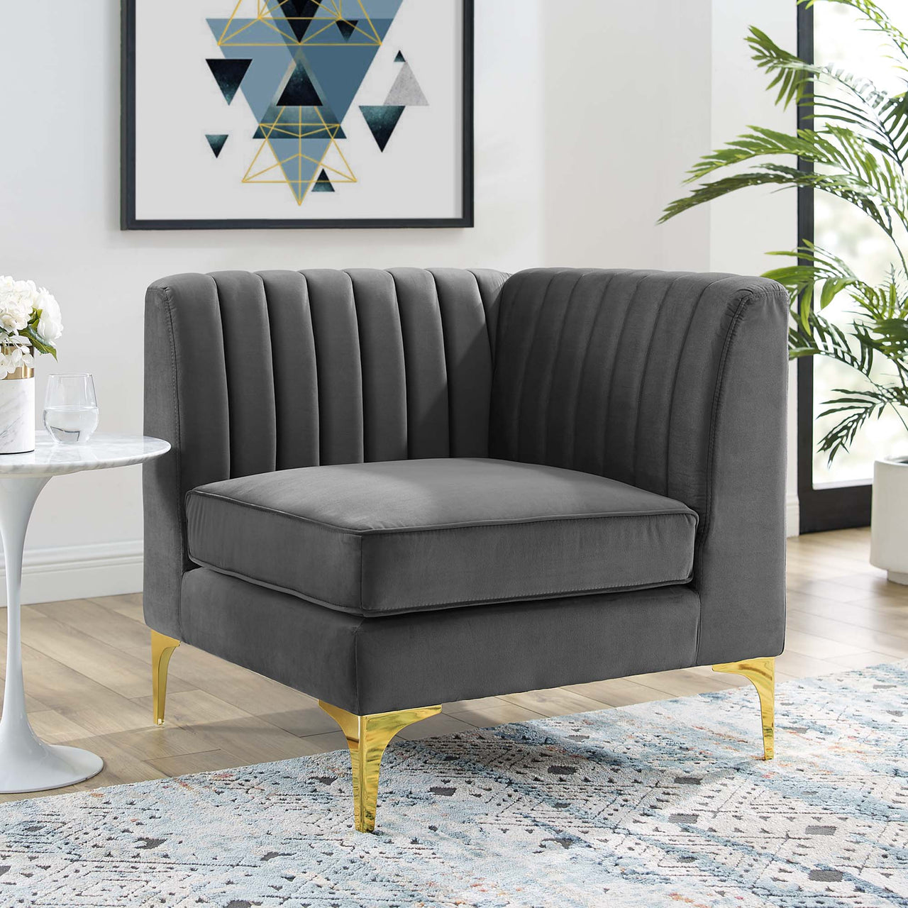 Valmere Upholstered Velvet Corner Chair | Modular Sectional Component, Gray