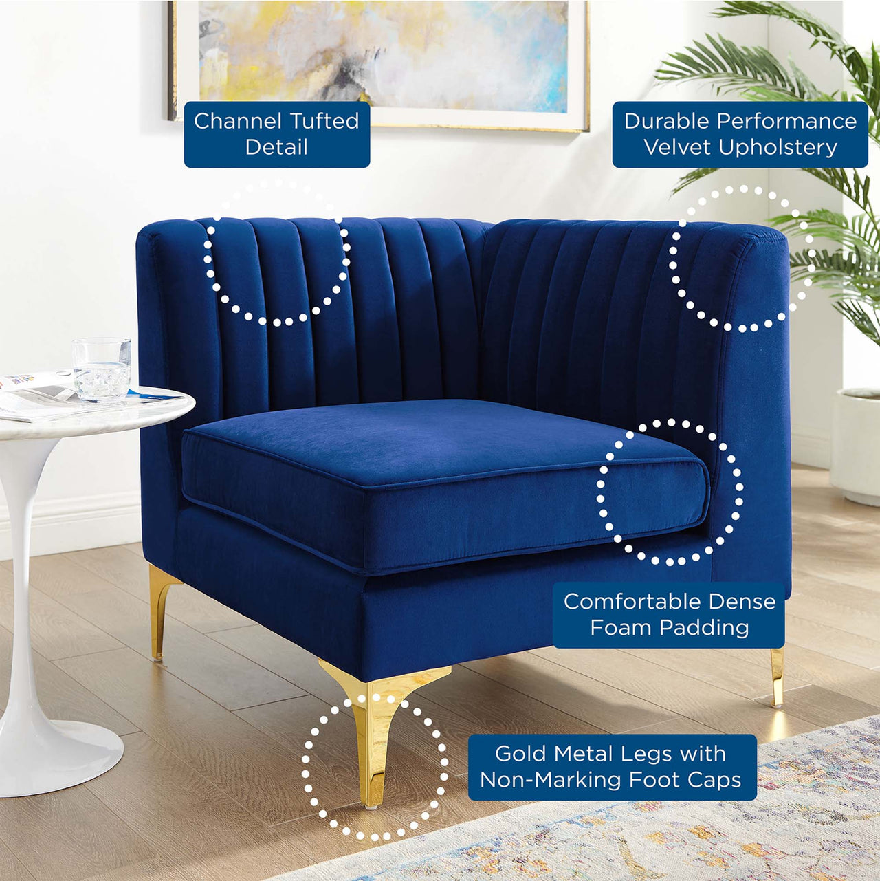 Valmere Upholstered Velvet Corner Chair | Modular Sectional Component, Navy