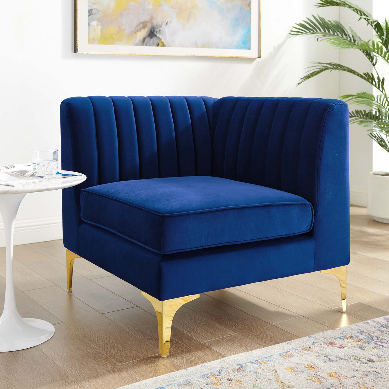 Valmere Upholstered Velvet Corner Chair | Modular Sectional Component, Navy