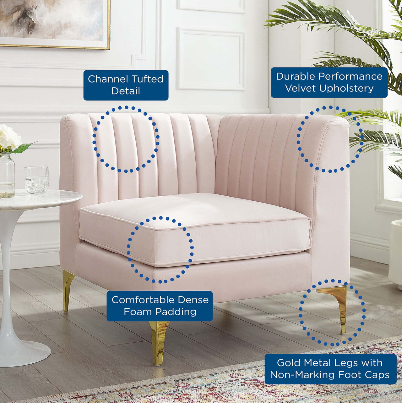 Valmere Upholstered Velvet Corner Chair | Modular Sectional Component, Pink