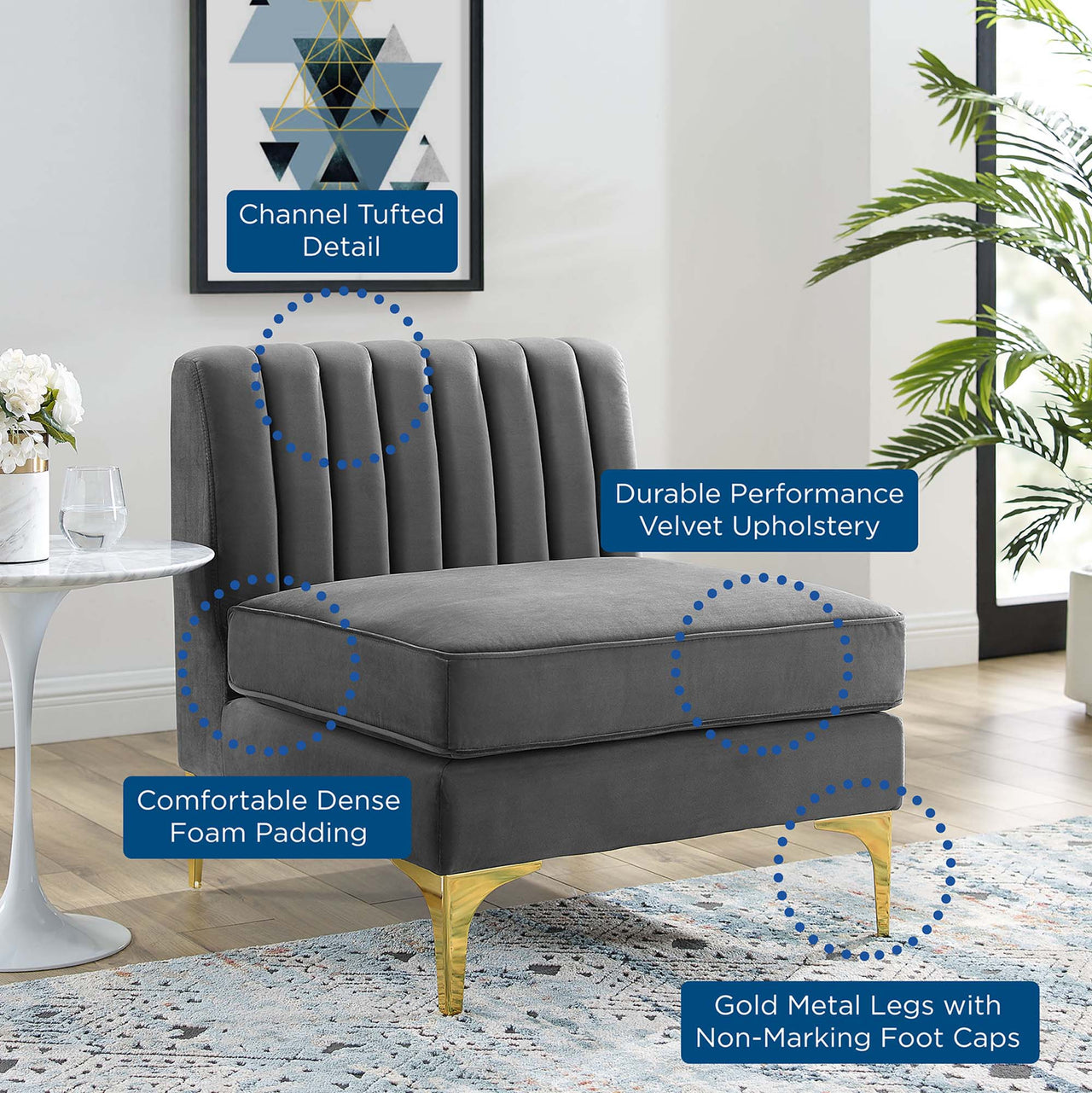 Valmere Upholstered Velvet Armless Chair | Modular Sectional Component, Gray