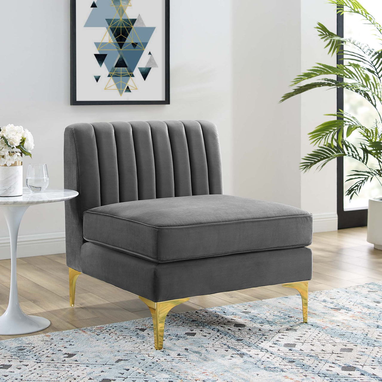 Valmere Upholstered Velvet Armless Chair | Modular Sectional Component, Gray