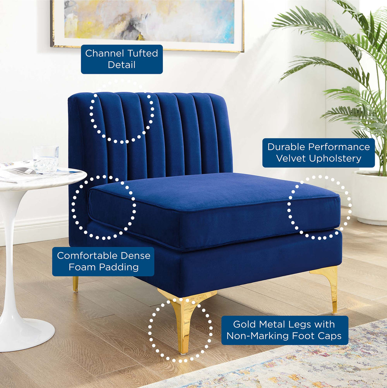 Valmere Upholstered Velvet Armless Chair | Modular Sectional Component, Navy