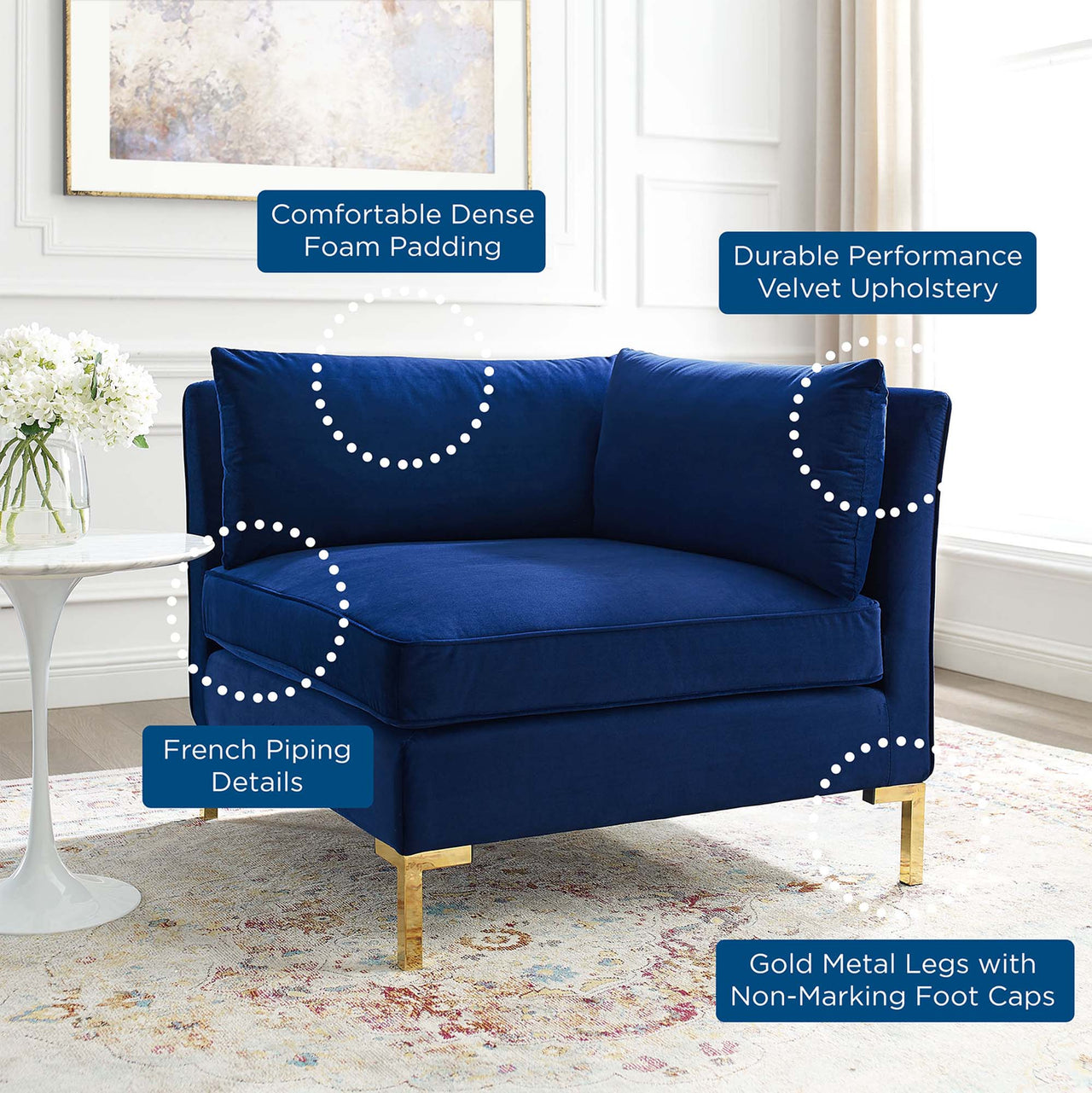 Leora Velvet Corner Chair | Modular Sectional Component, Navy