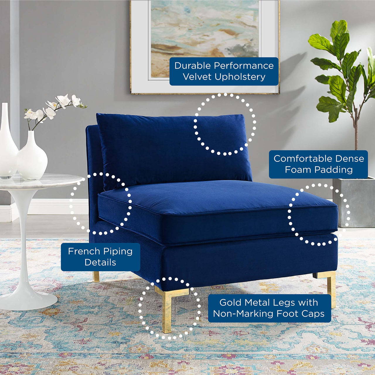 Leora Velvet Armless Chair | Modular Sectional Component, Navy