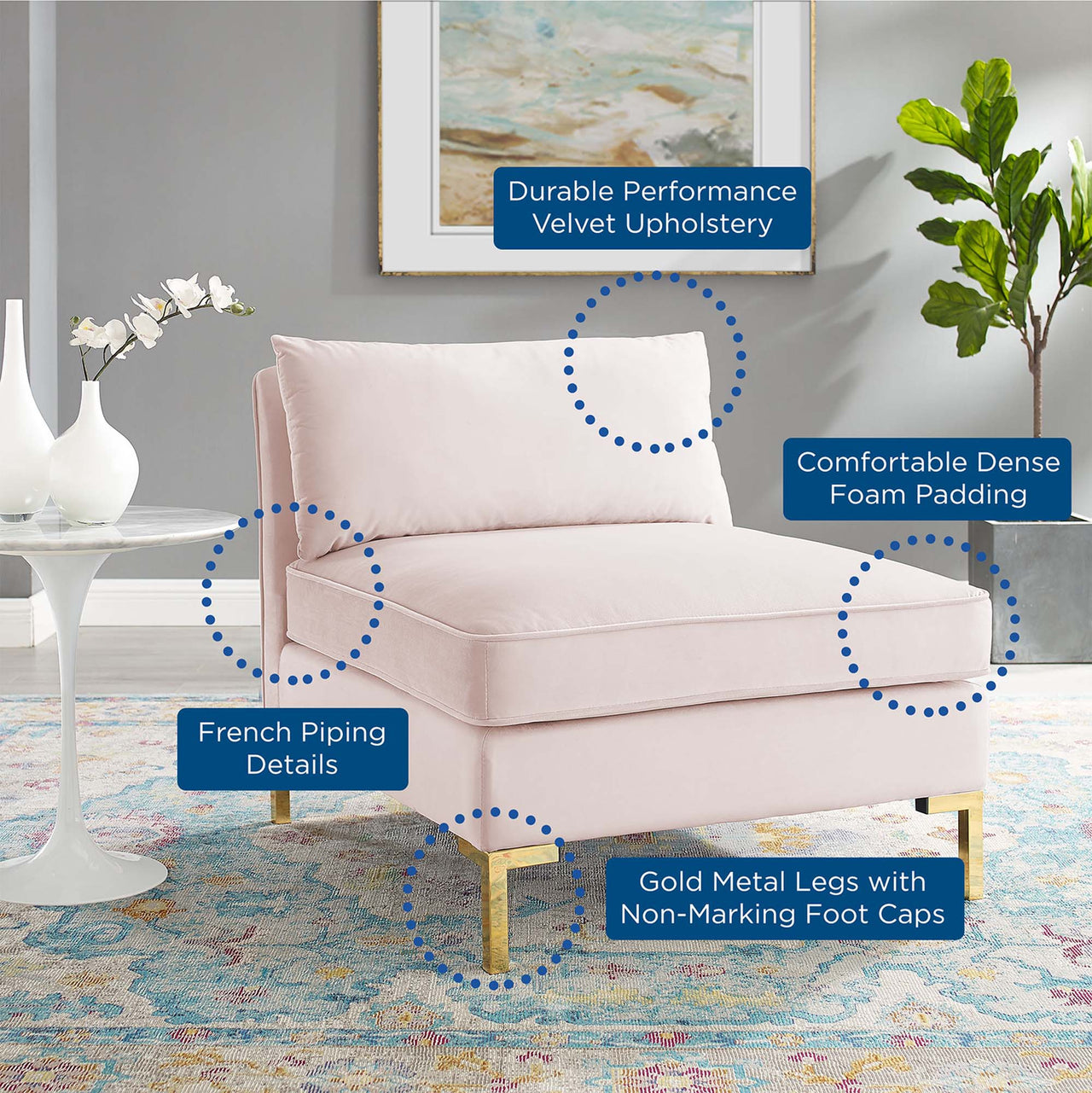 Leora Velvet Armless Chair | Modular Sectional Component, Pink