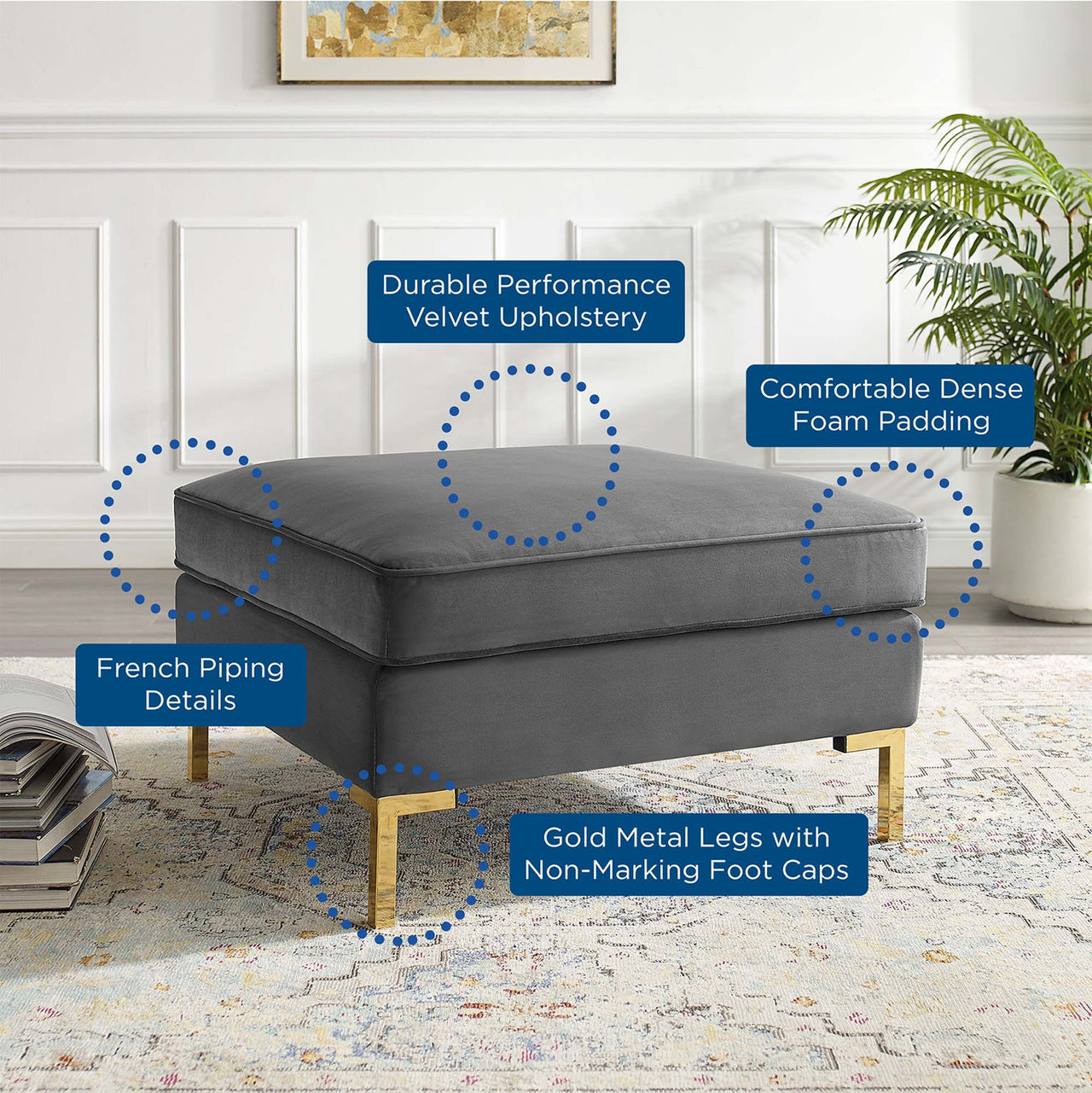 Leora Velvet Ottoman | Modular Sectional Component, Gray