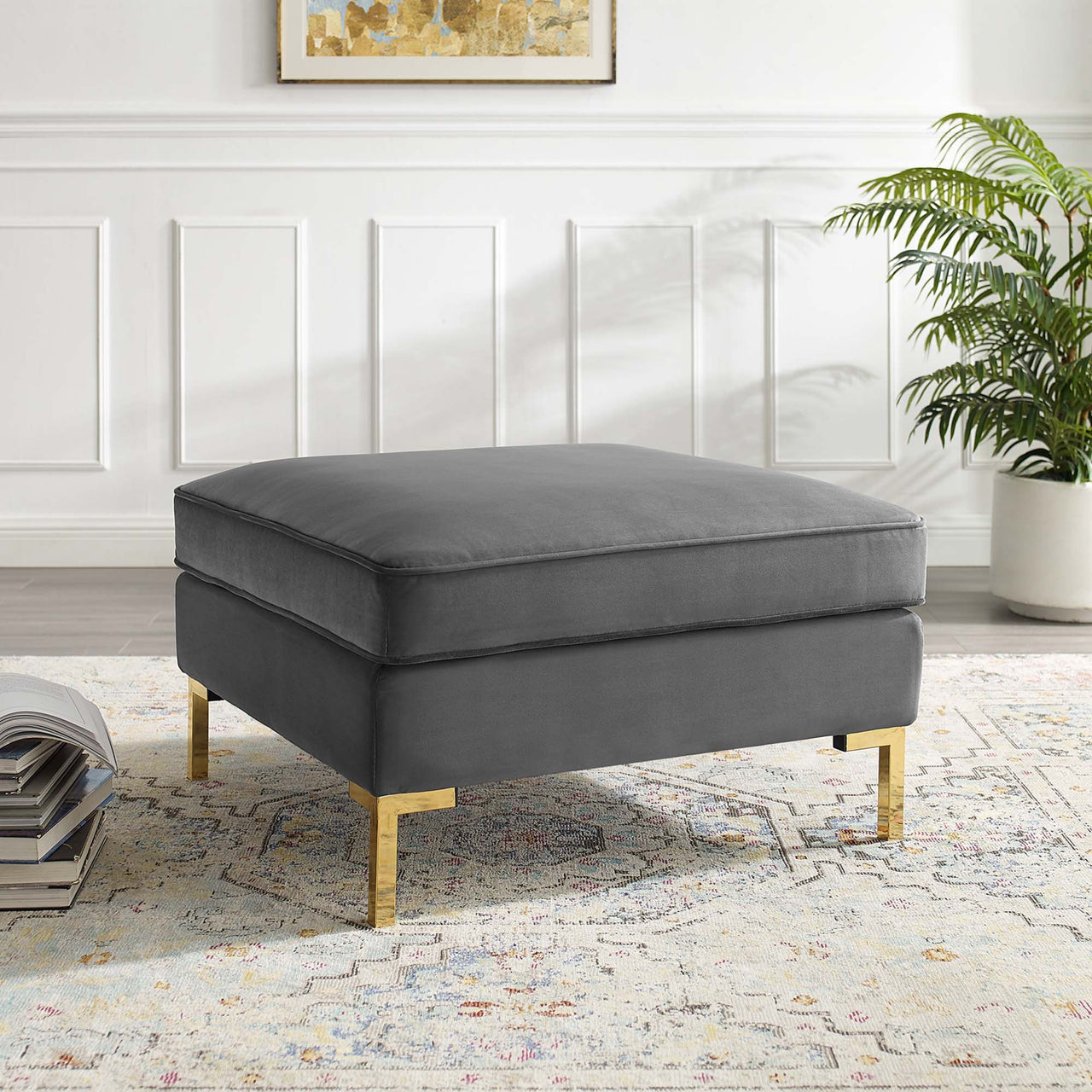 Leora Velvet Ottoman | Modular Sectional Component, Gray