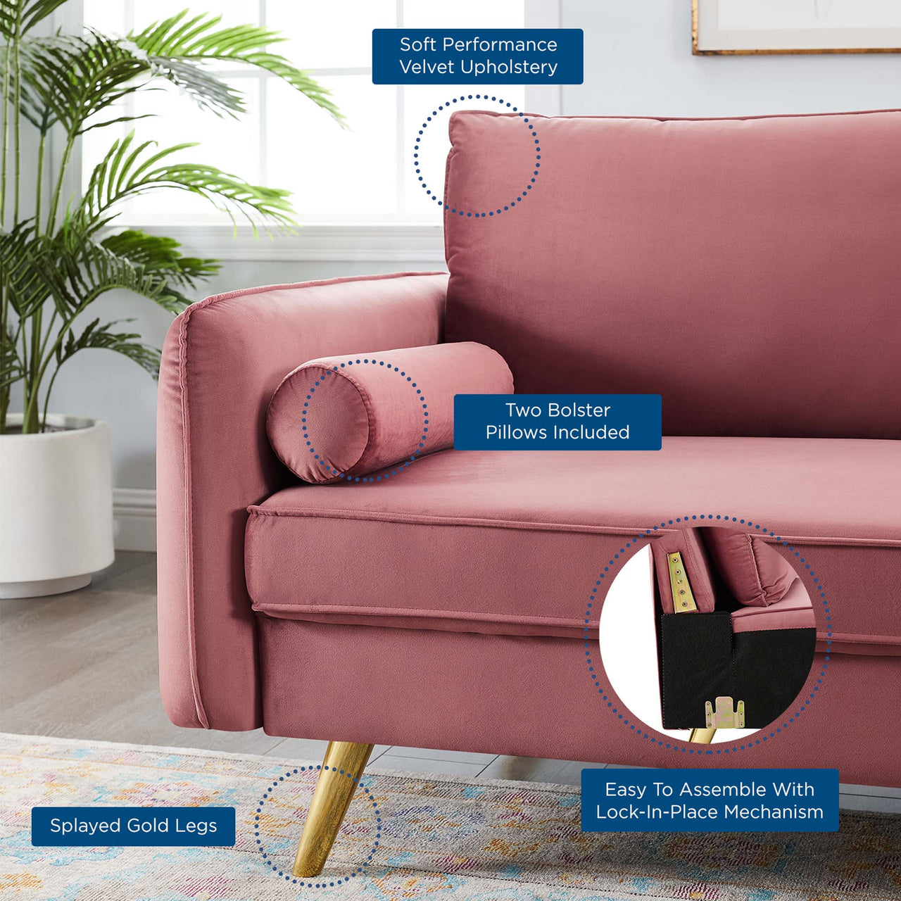 Marindi Plush Velvet Sofa, Dusty Rose