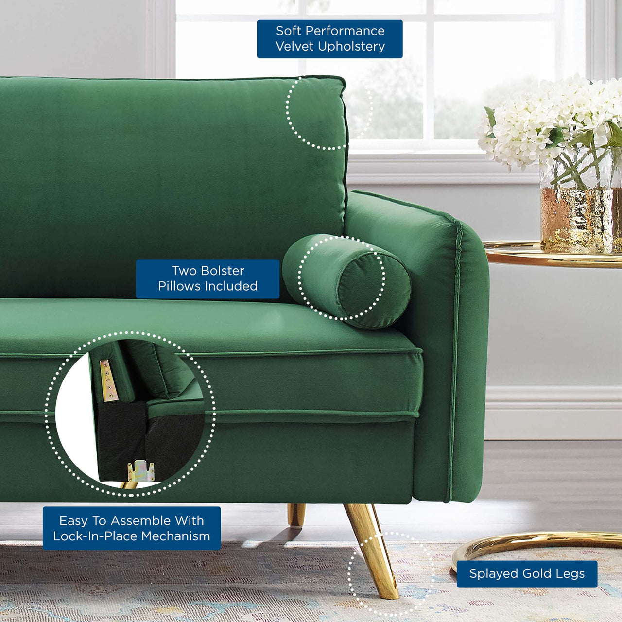 Marindi Plush Velvet Sofa, Emerald