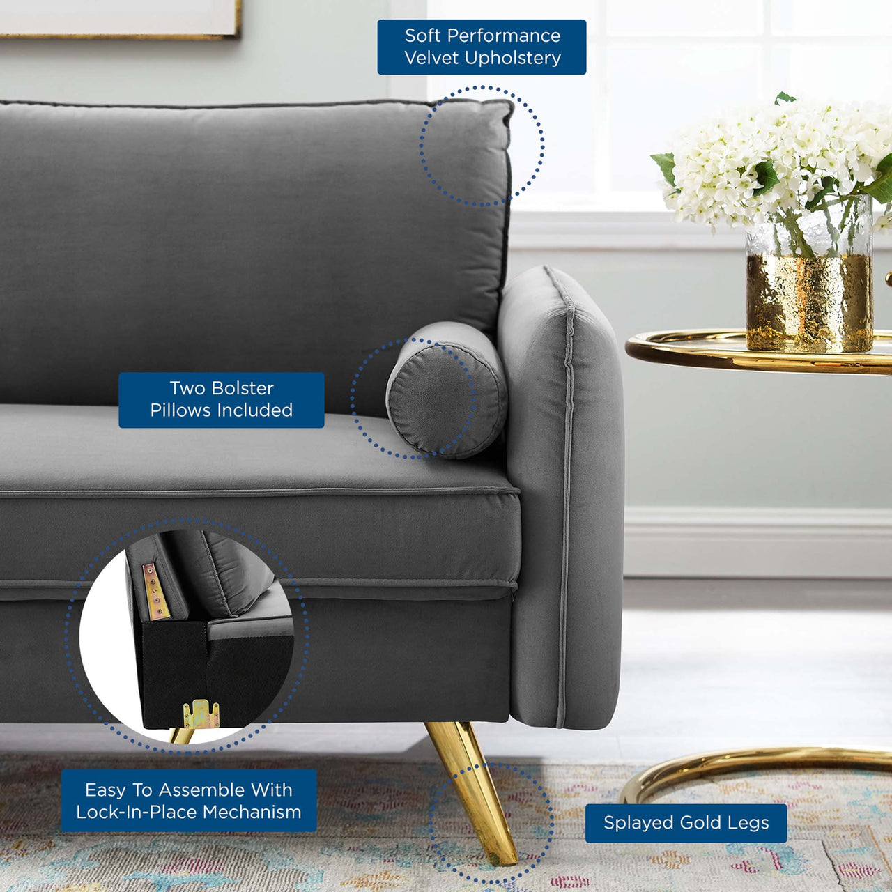 Marindi Plush Velvet Sofa, Gray