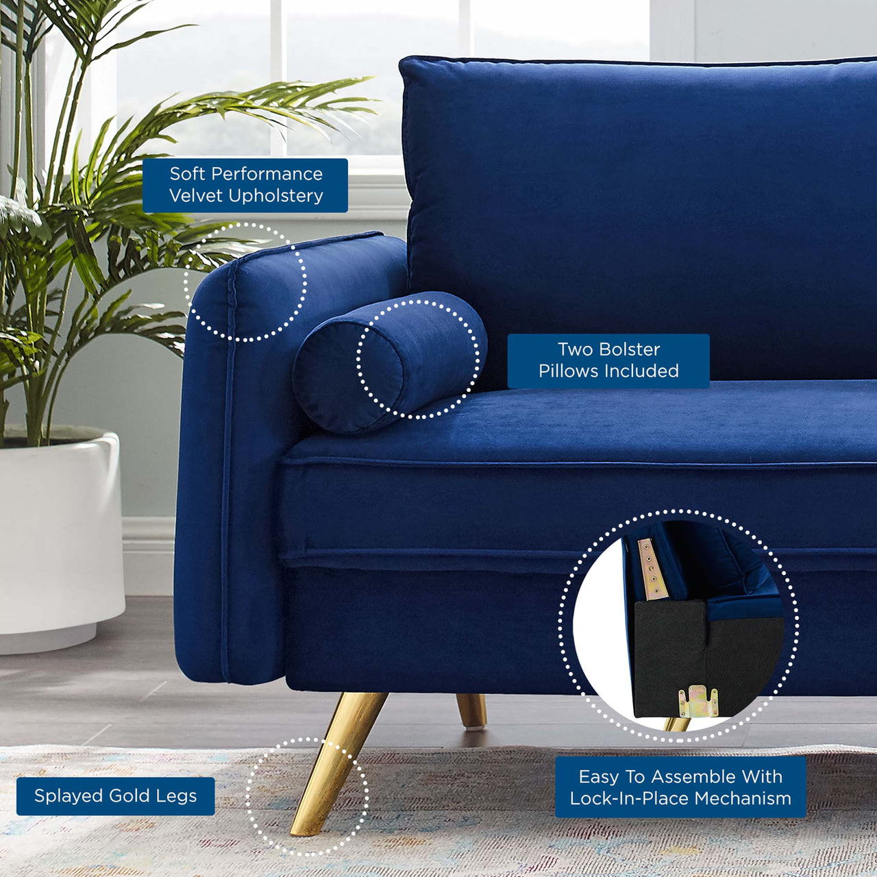 Marindi Plush Velvet Sofa, Navy