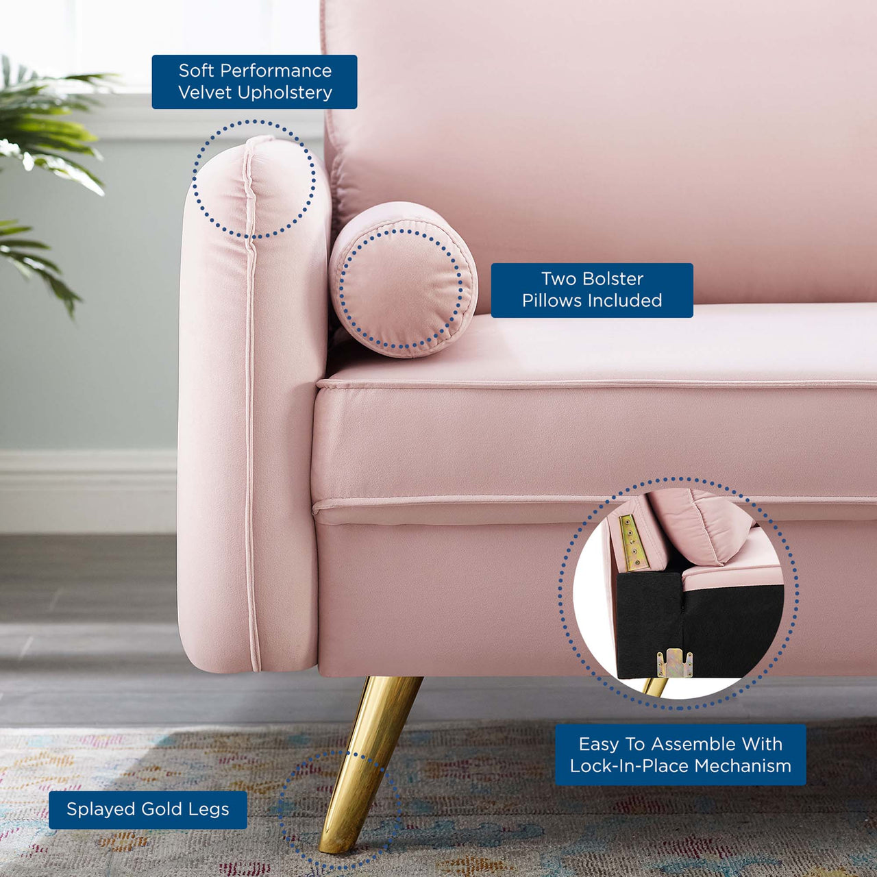 Marindi Plush Velvet Sofa, Pink