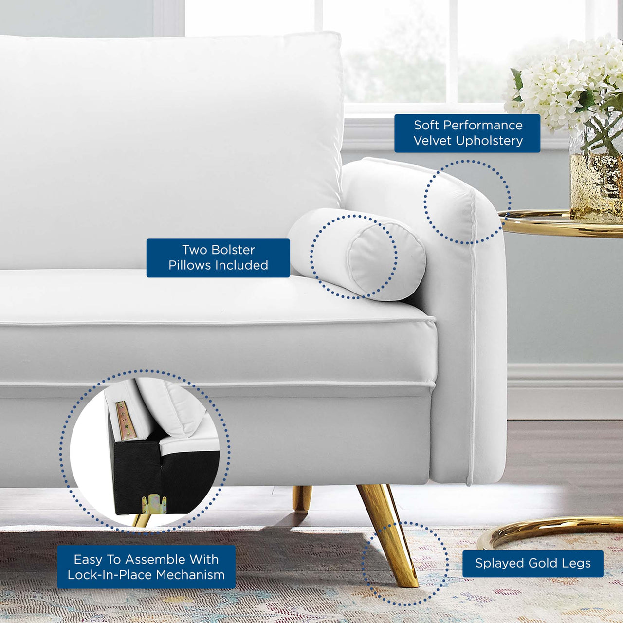 Marindi Plush Velvet Sofa, White