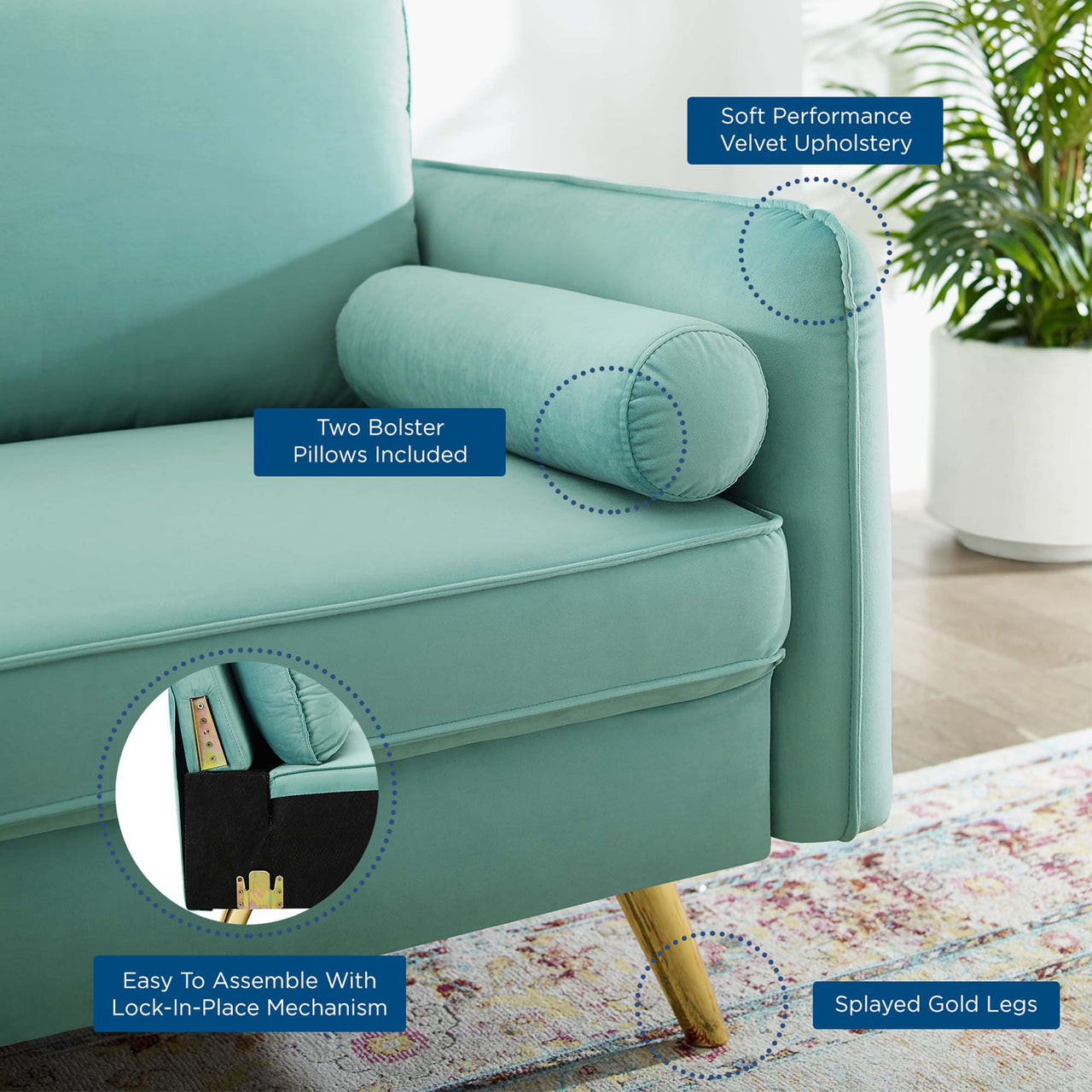 Marindi Plush Velvet Loveseat, Mint