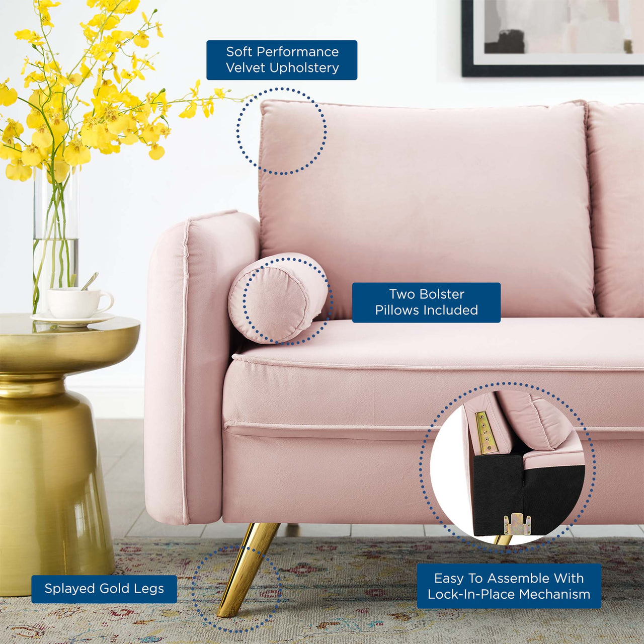 Marindi Plush Velvet Loveseat, Pink