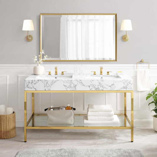 Kingsley 60" Gold Stainless Steel Bathroom Vanity, Gold & White