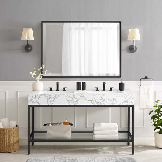 Kingsley 60" Black Stainless Steel Bathroom Vanity, Black & White