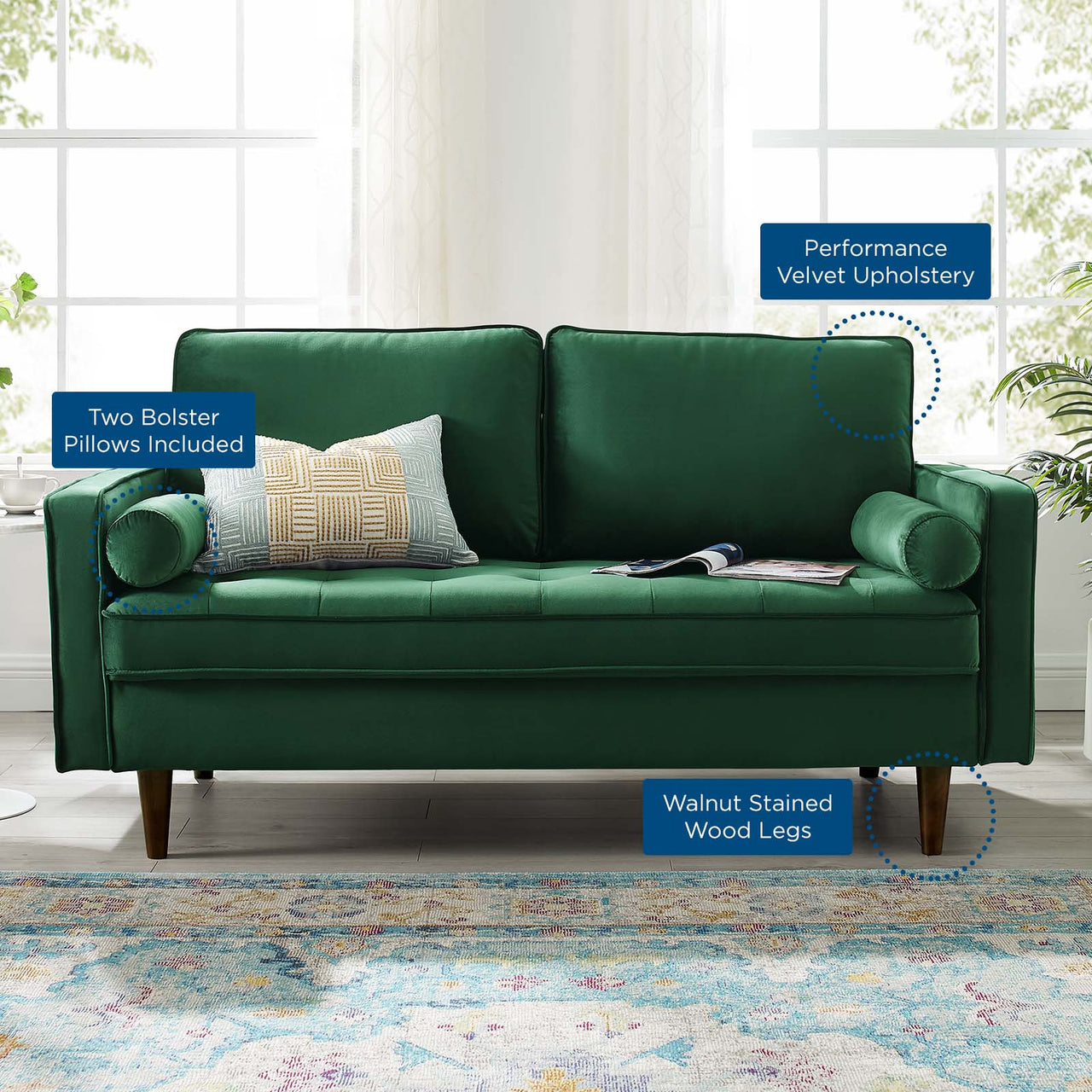 Bravien Upholstered Velvet Loveseat, Green