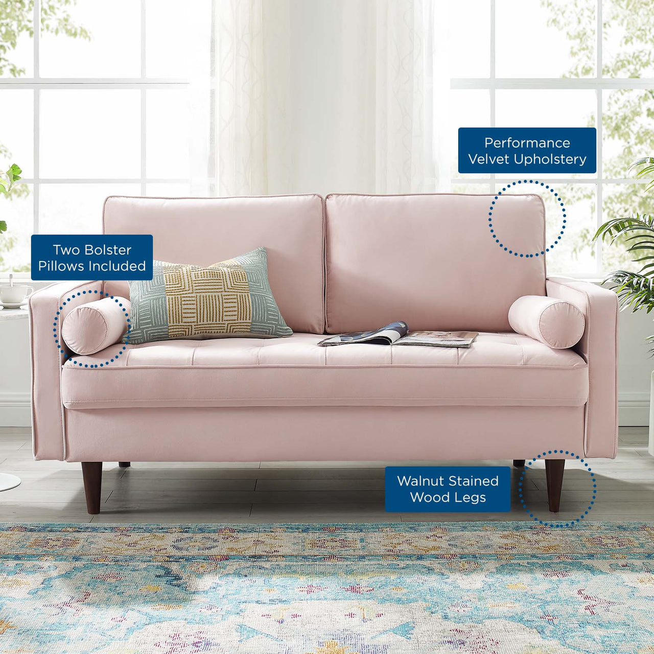 Bravien Upholstered Velvet Loveseat, Pink