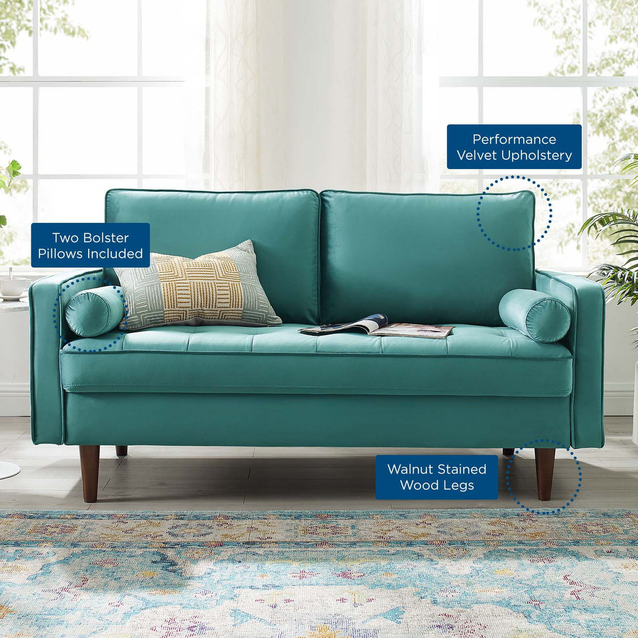 Bravien Upholstered Velvet Loveseat, Teal