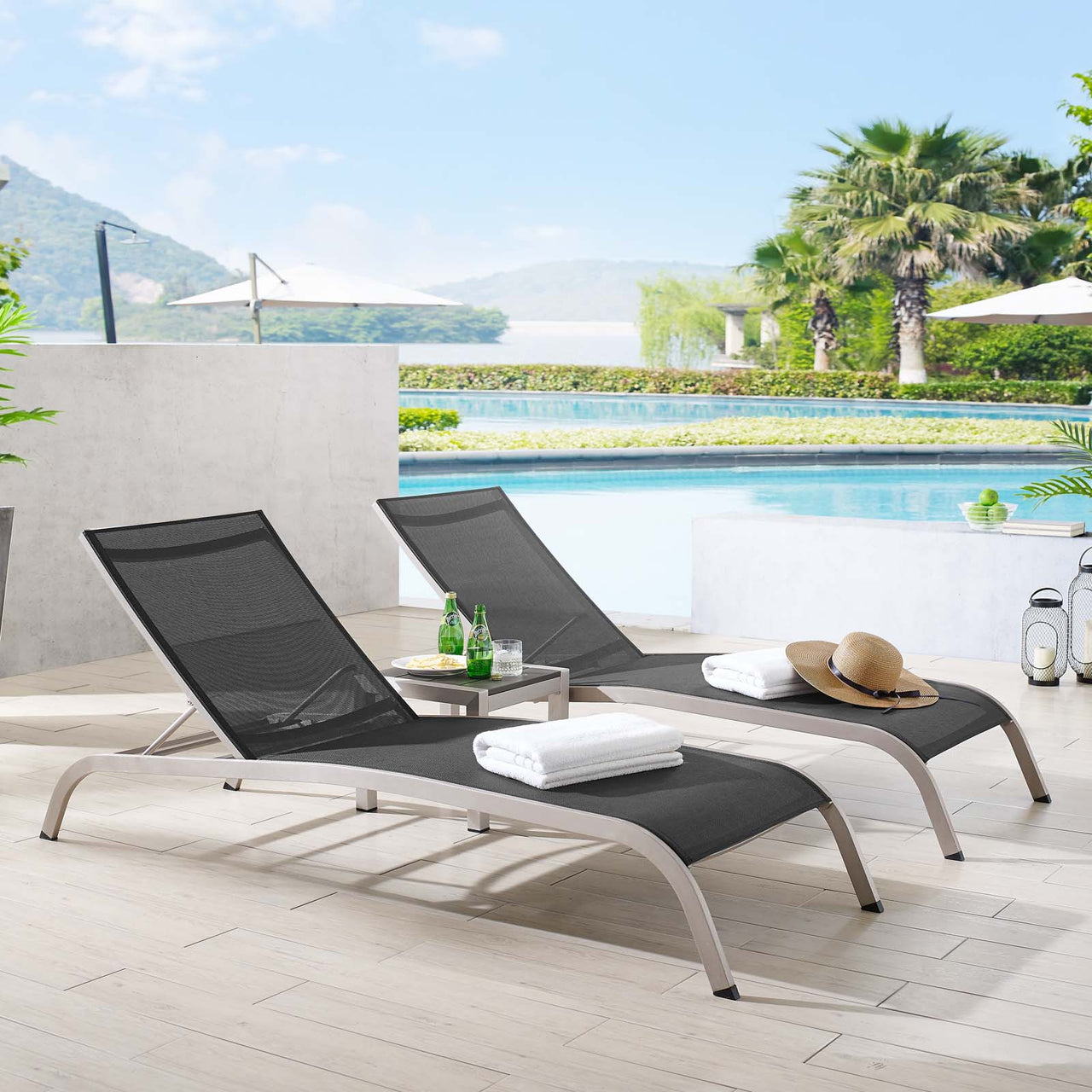 Triton Sunlounger Pair & Side Table Set, Black