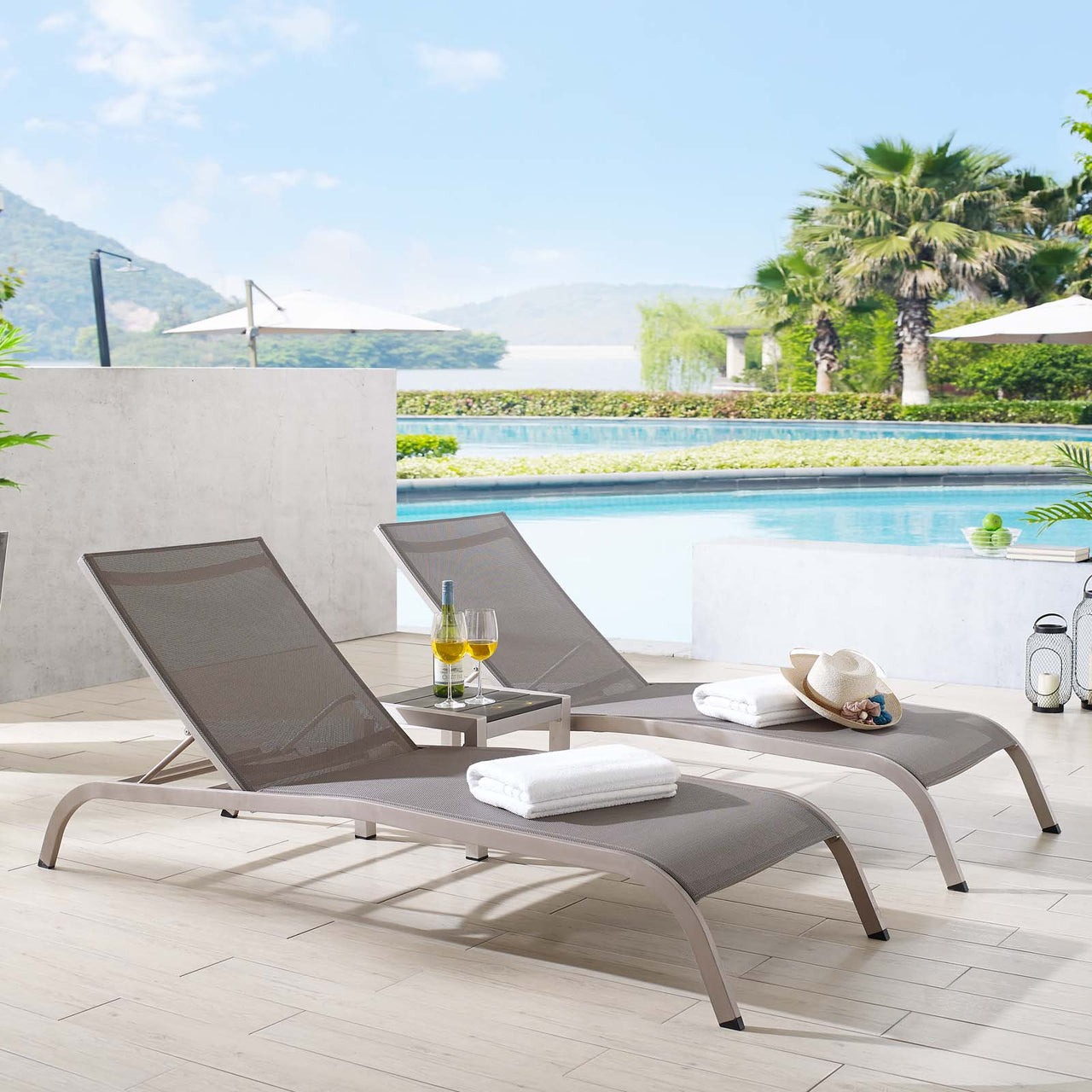 Triton Sunlounger Pair & Side Table Set, Gray