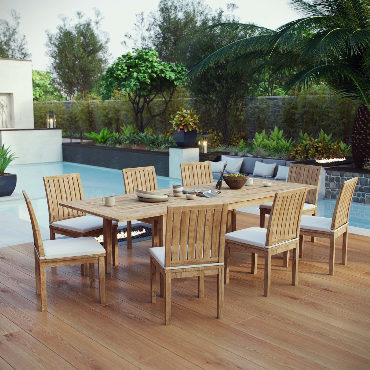 Shorehaven 9-Piece Alfresco Teak Dining Set, Natural Wood & White