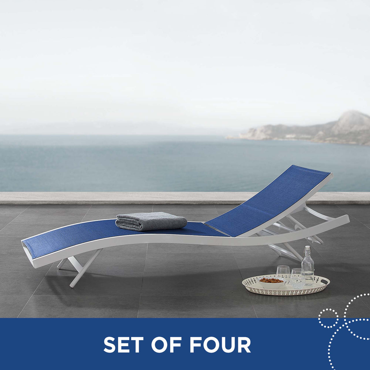 Dive Alfresco Chaise Sunlounger Set of 4, White & Navy