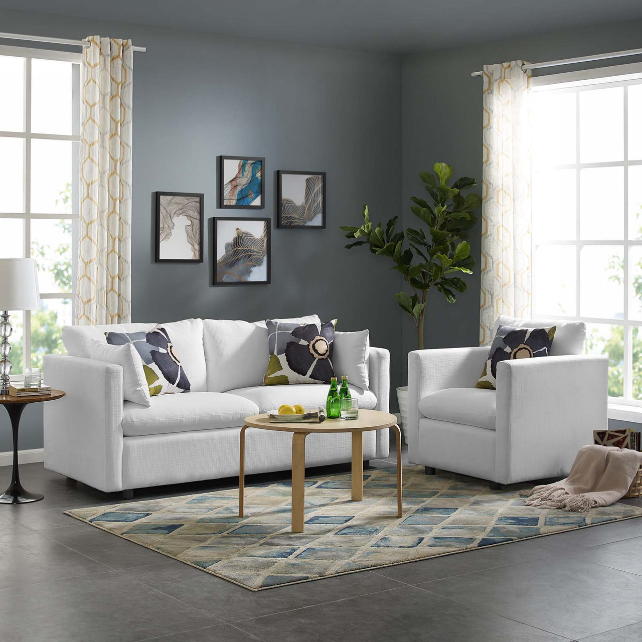 Corra Upholstered Sofa and Accent Chair Set, White