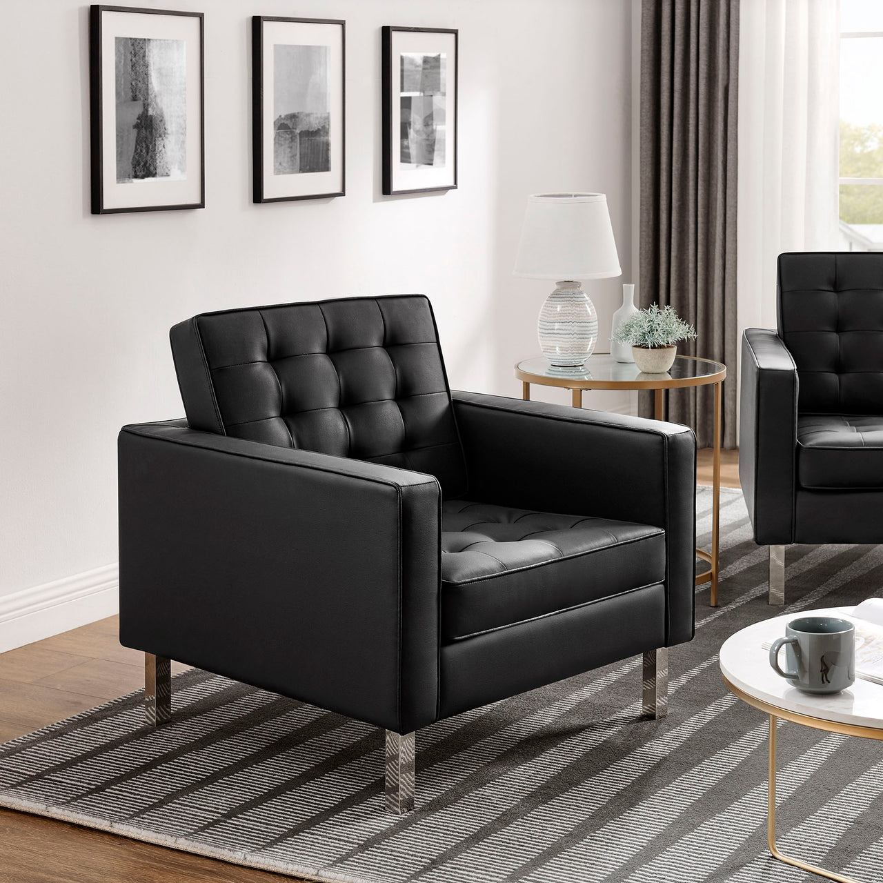 Luma Upholstered Faux Leather Armchairs Set of 2, Silver & Black