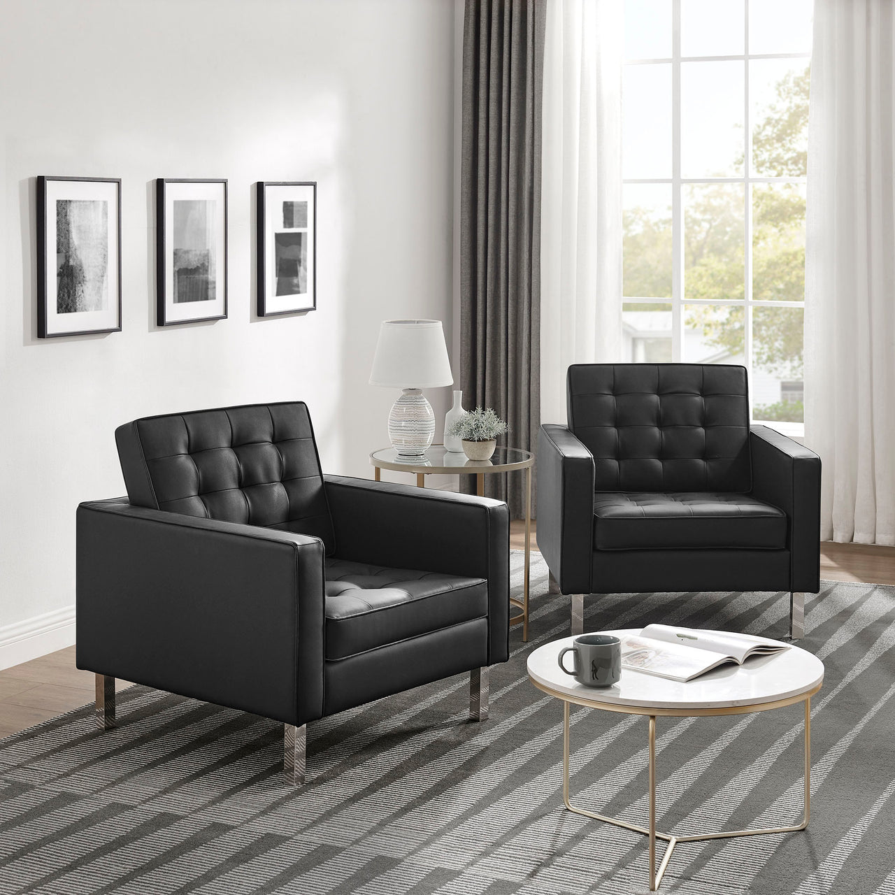 Luma Upholstered Faux Leather Armchairs Set of 2, Silver & Black