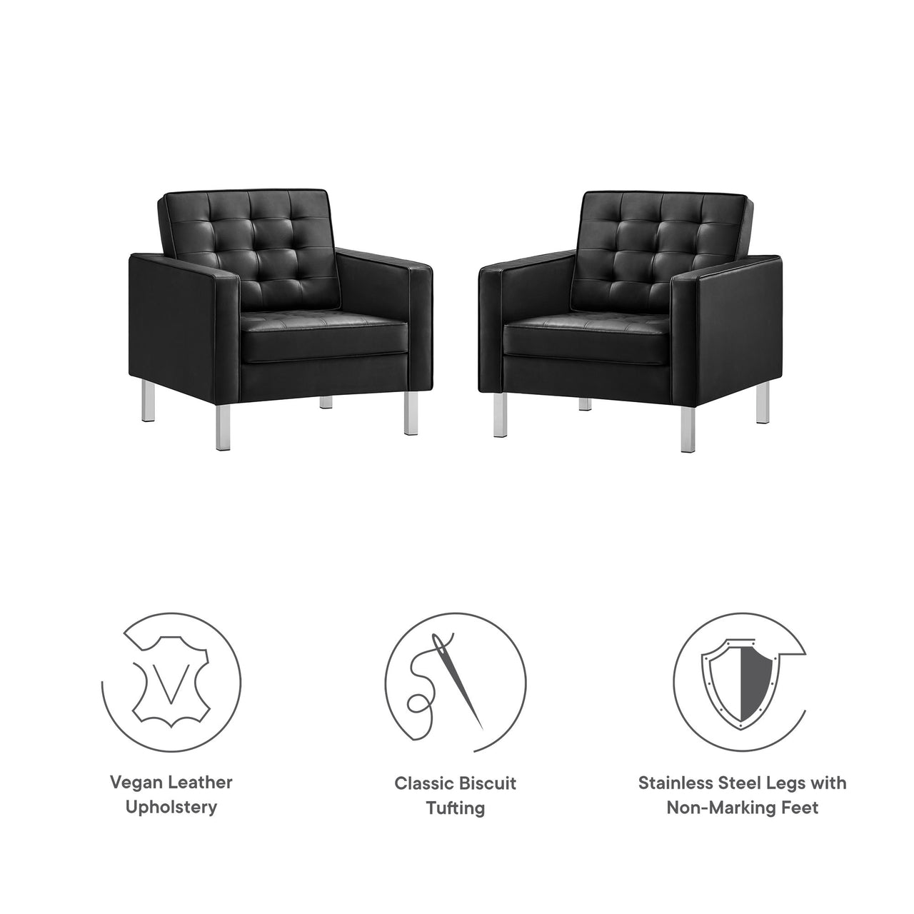 Luma Upholstered Faux Leather Armchairs Set of 2, Silver & Black