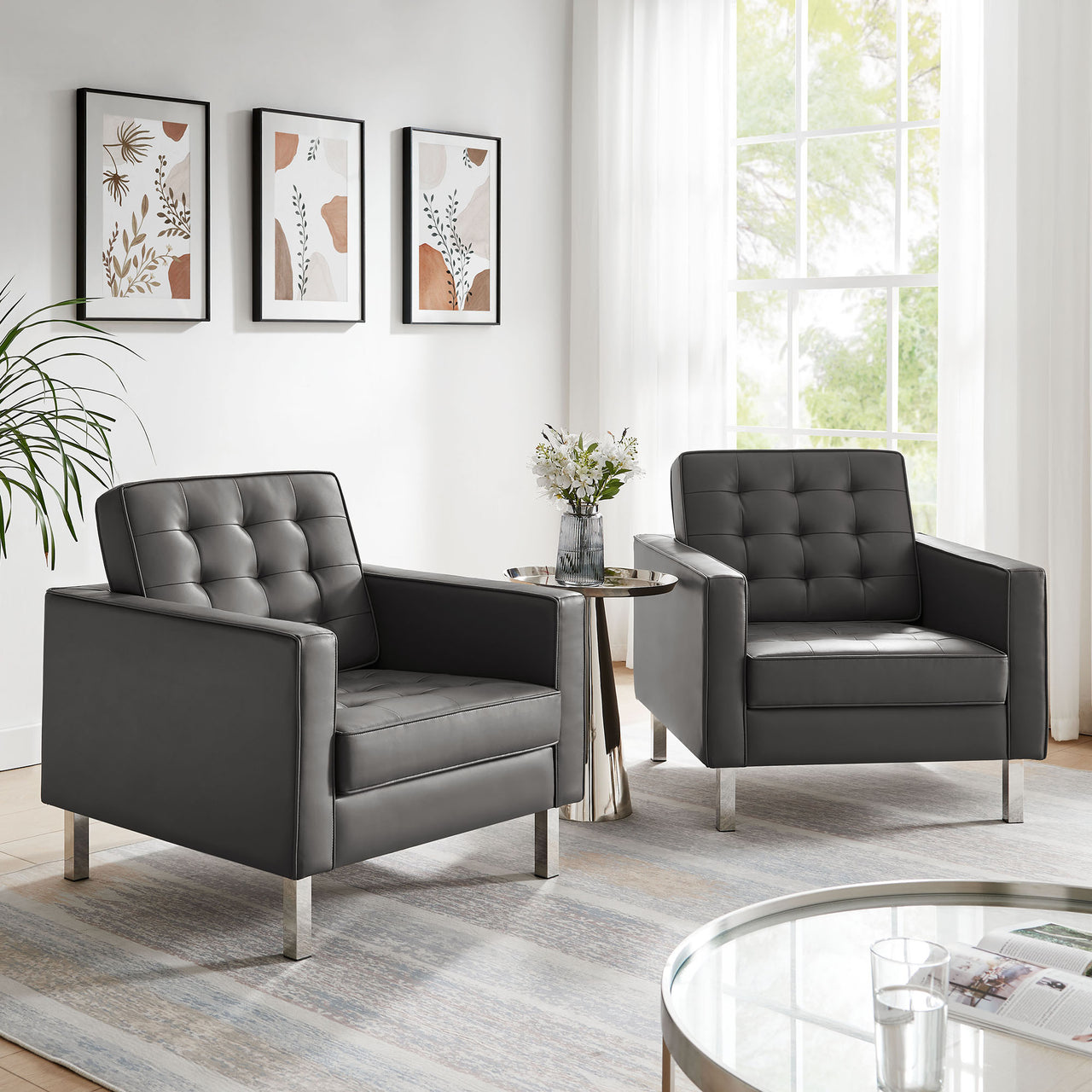Luma Upholstered Faux Leather Armchairs Set of 2, Silver & Gray