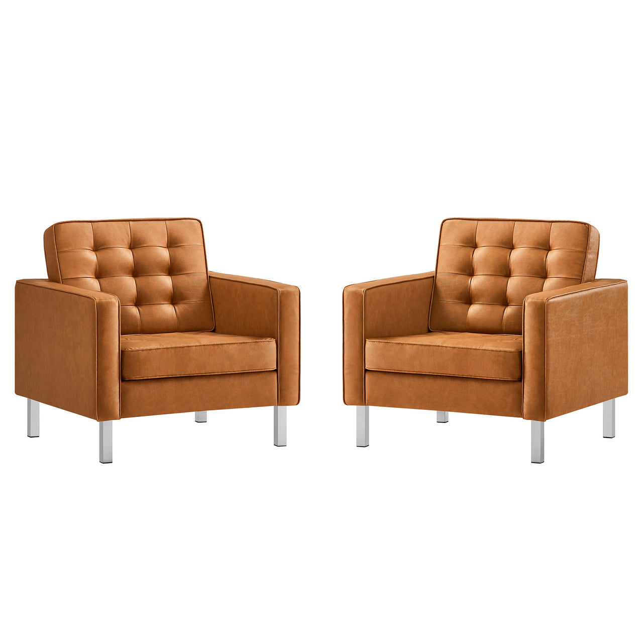 Luma Upholstered Faux Leather Armchairs Set of 2, Silver & Tan