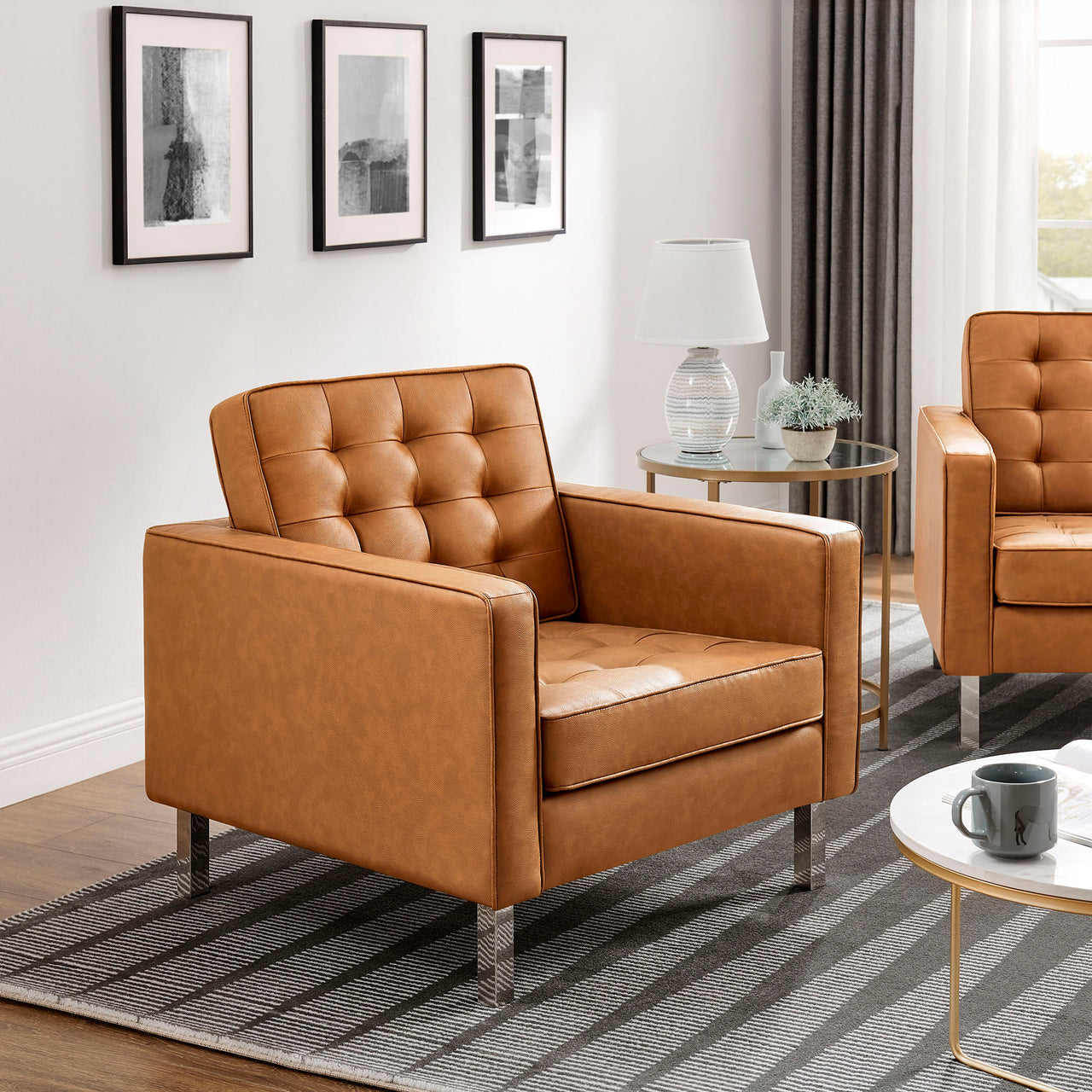 Luma Upholstered Faux Leather Armchairs Set of 2, Silver & Tan