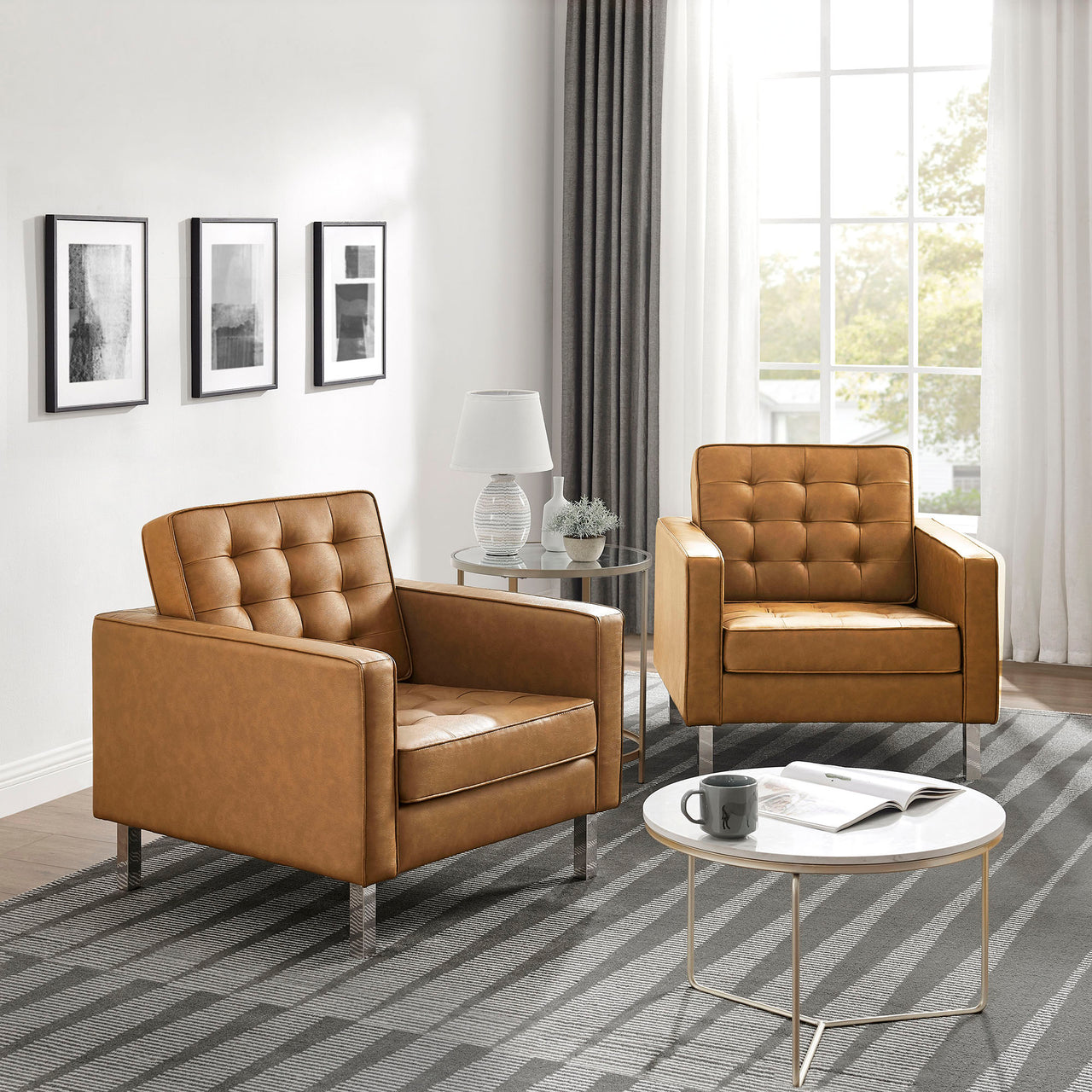 Luma Upholstered Faux Leather Armchairs Set of 2, Silver & Tan