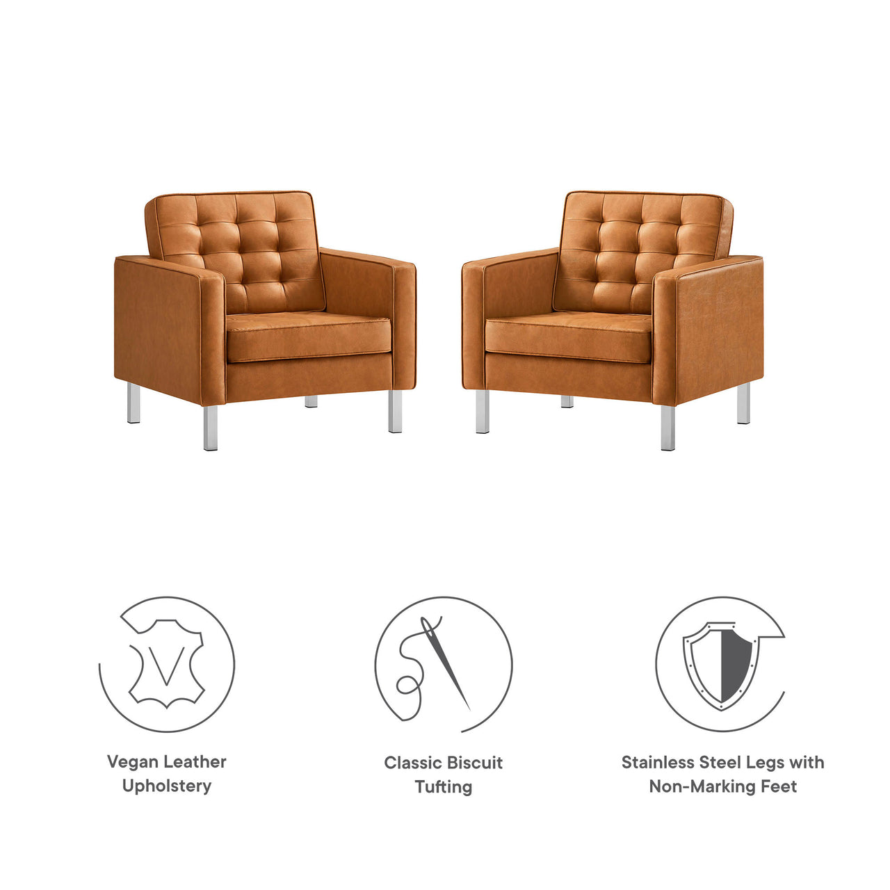 Luma Upholstered Faux Leather Armchairs Set of 2, Silver & Tan