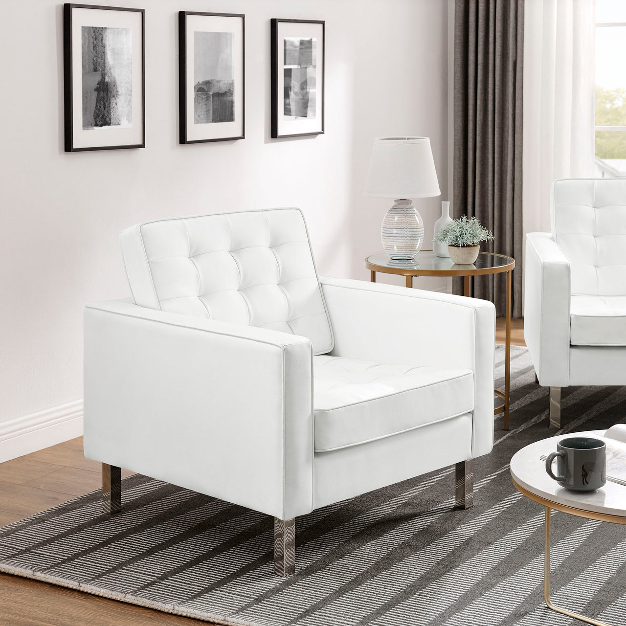 Luma Upholstered Faux Leather Armchairs Set of 2, Silver & White