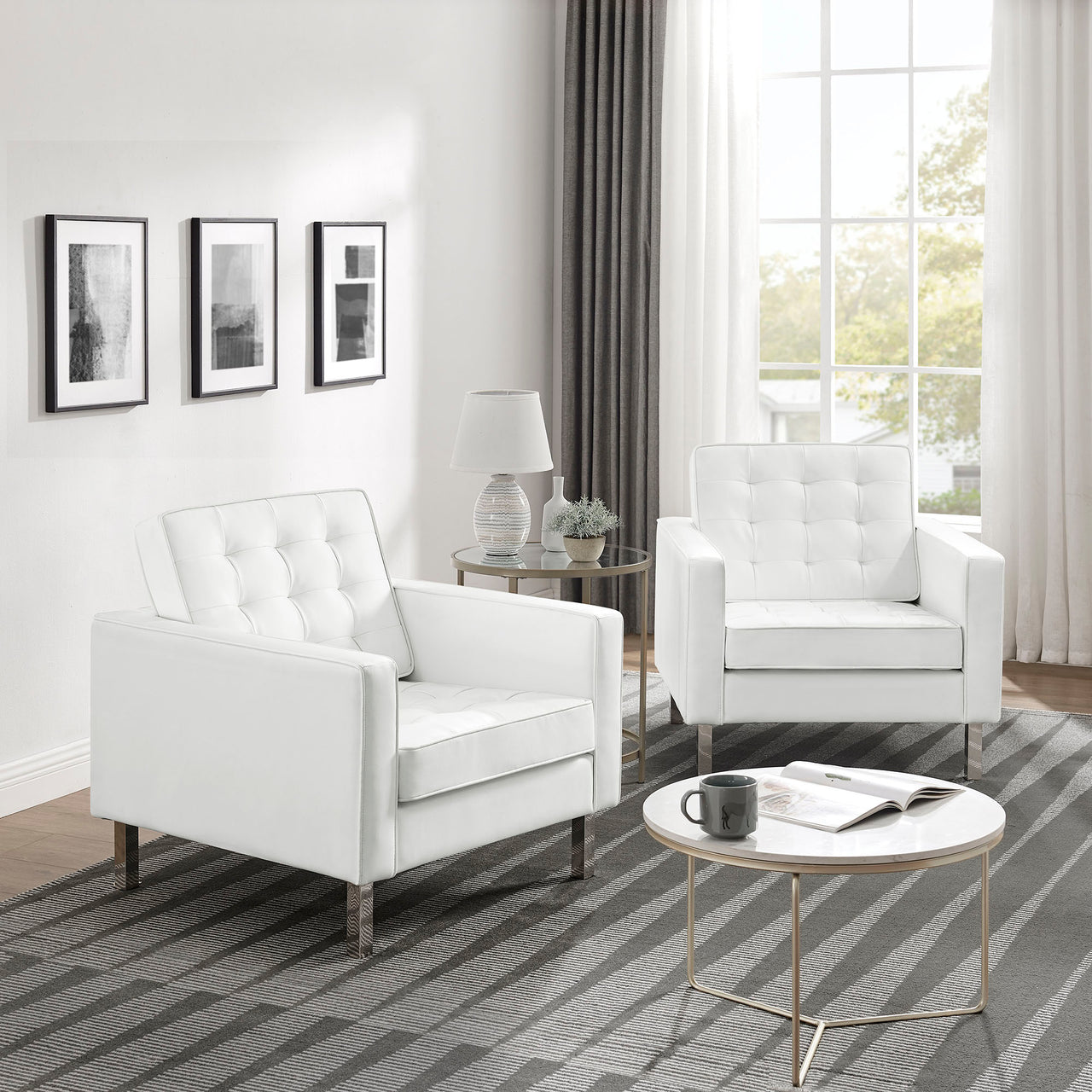 Luma Upholstered Faux Leather Armchairs Set of 2, Silver & White