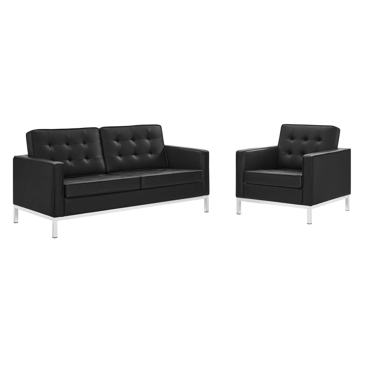 Luma Upholstered Faux Leather Loveseat and Armchair Set, Silver & Black