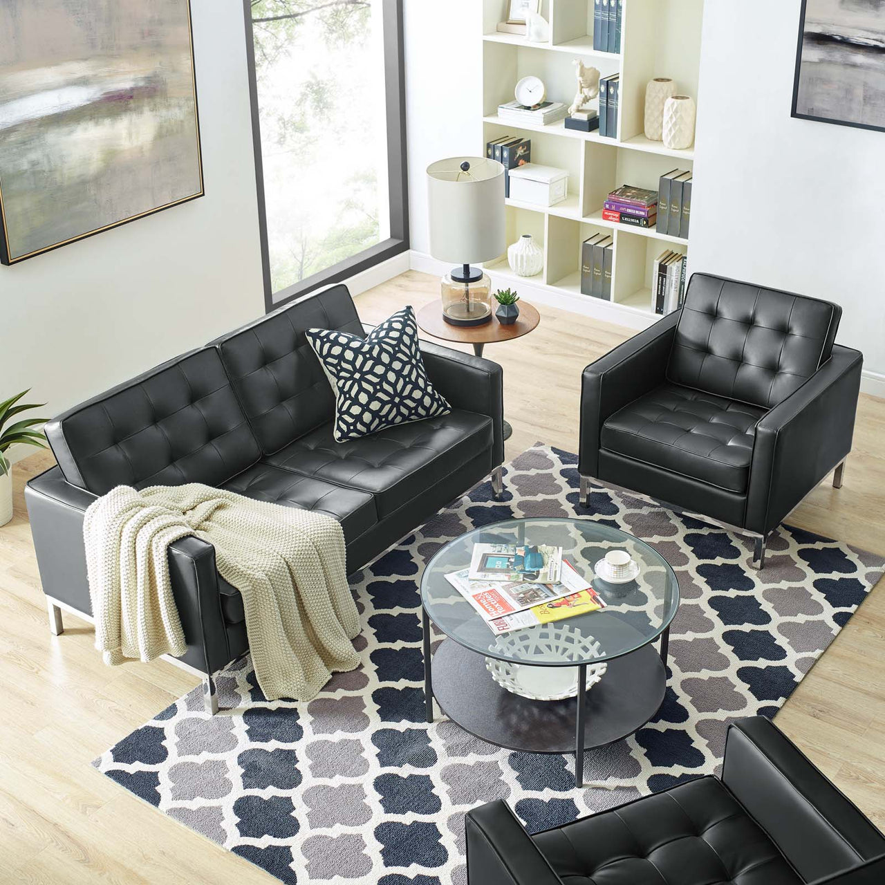 Luma Upholstered Faux Leather Loveseat and Armchair Set, Silver & Black